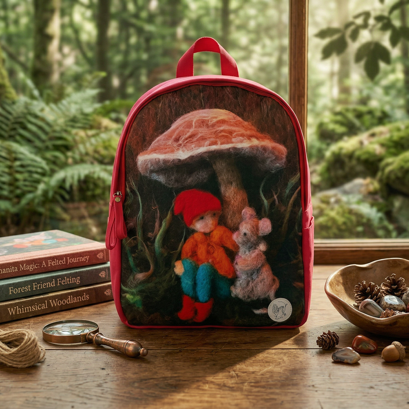 Backpack Gnome with Mouse / Dark Red